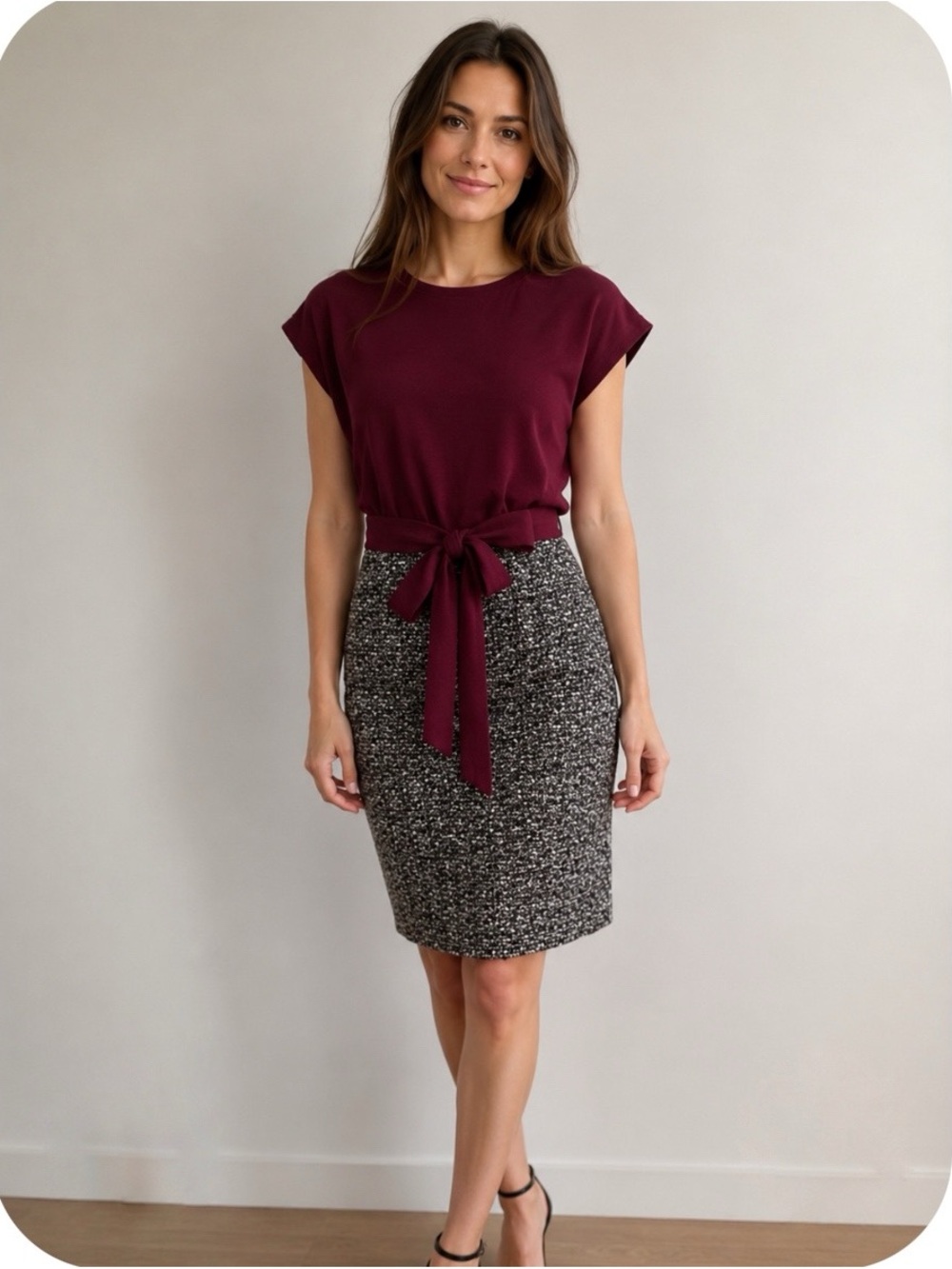 J. Crew Maroon Combo Tweed Midi Dress Textured Skirt Tailored Business Workwear